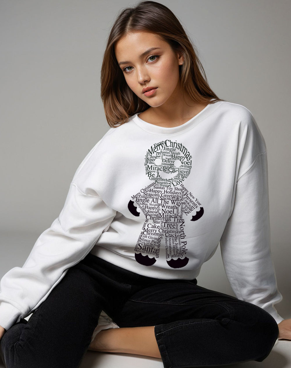 White Christmas Sweater With Gingerbread Man Print