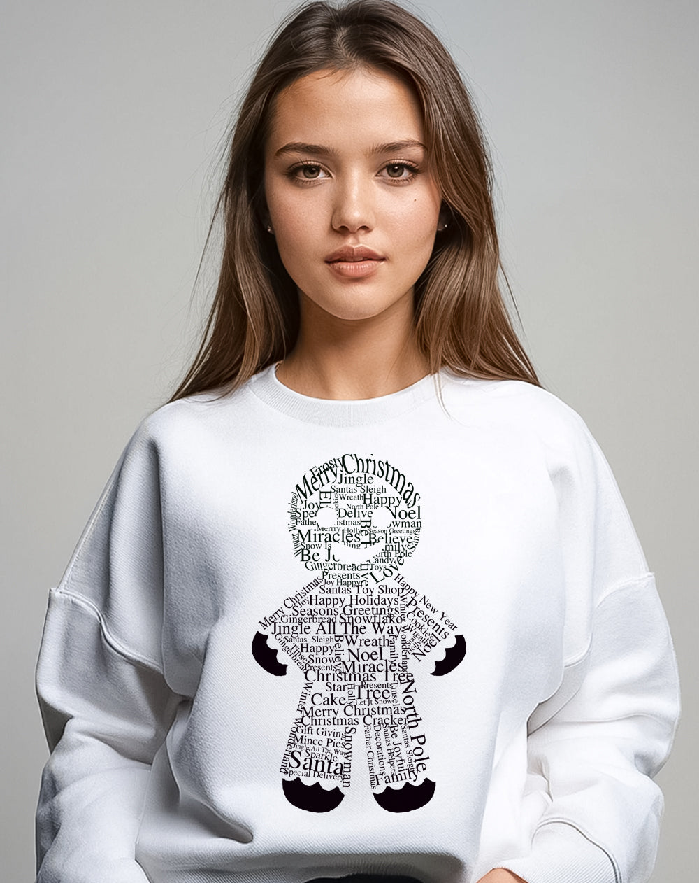 White Christmas Sweater With Gingerbread Man Print