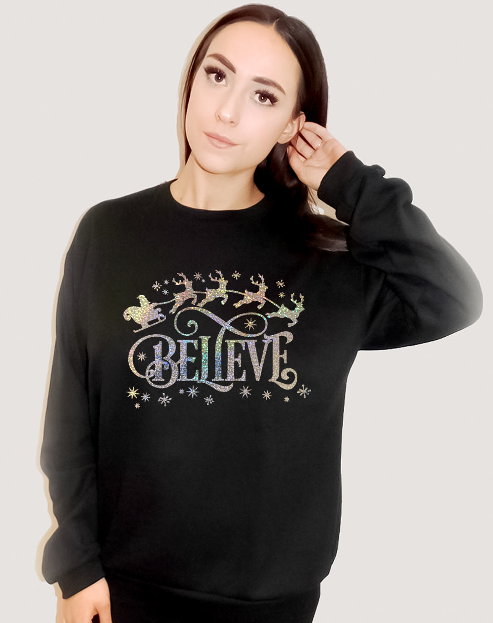 Believe Christmas Glitter Print Jumper In Black