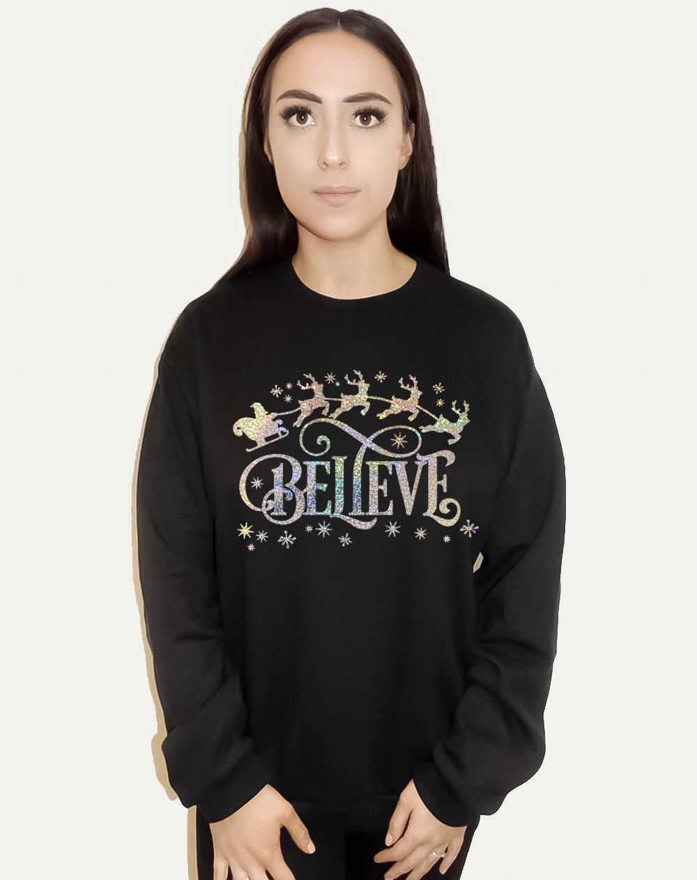 Believe Christmas Glitter Print Jumper In Black