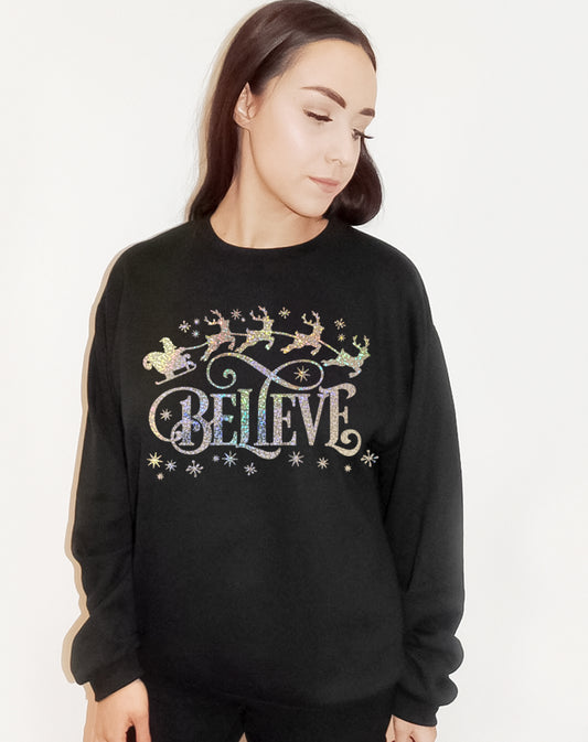 Believe Christmas Glitter Print Jumper In Black