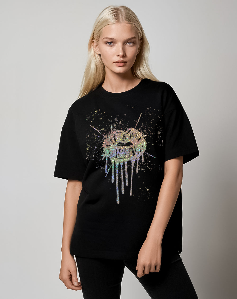 Gold Glitter Lip Drip Splat Print Tshirt In Black