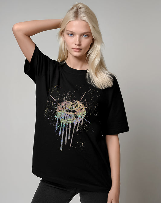 Gold Glitter Lip Drip Splat Print Tshirt In Black