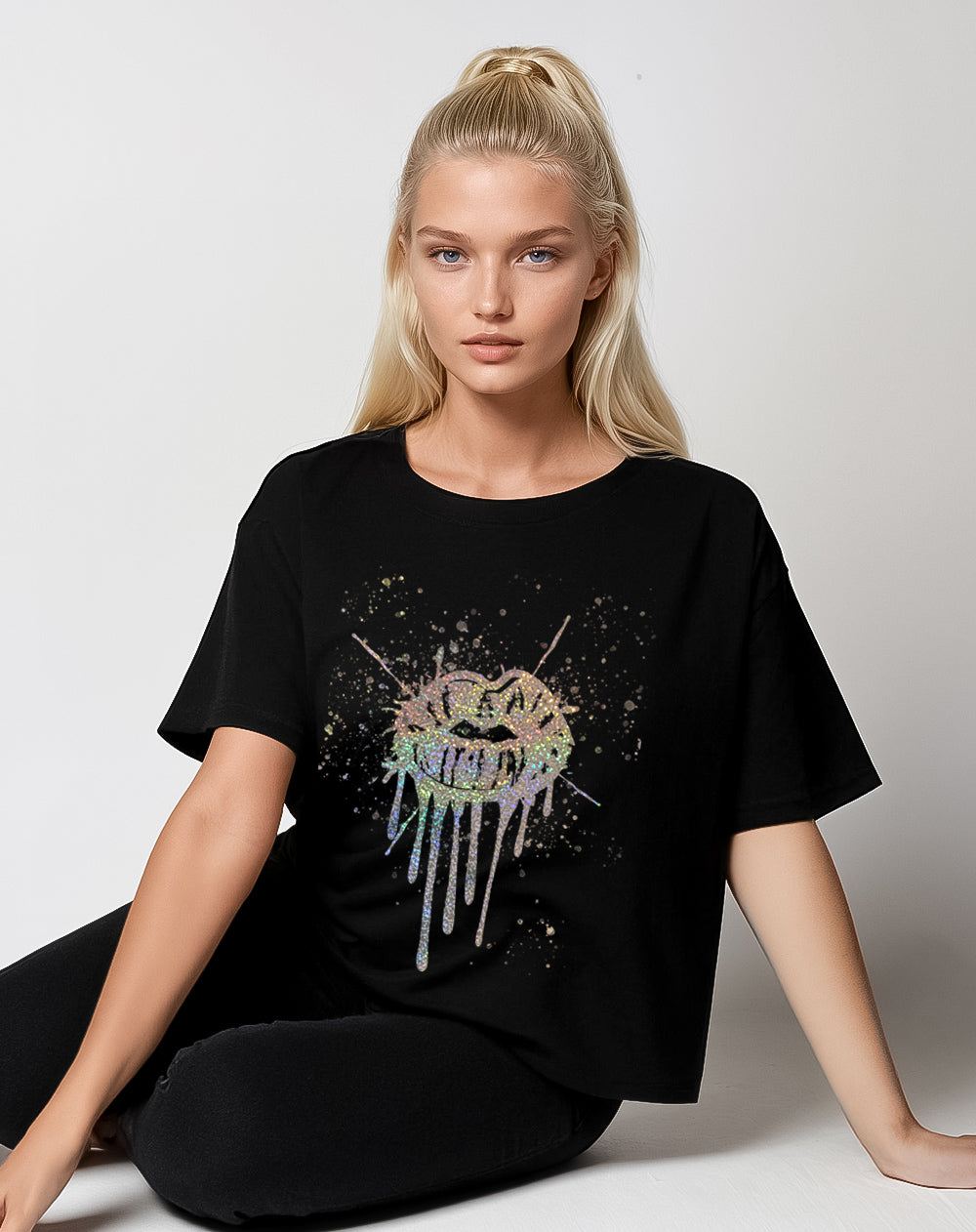 Gold Glitter Lip Drip Splat Print Tshirt In Black