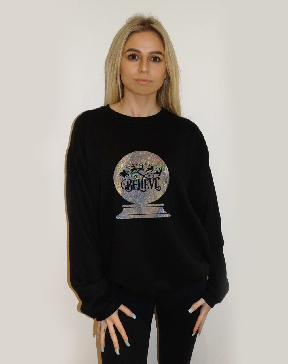 Believe Snow Globe Christmas Print Jumper In Black