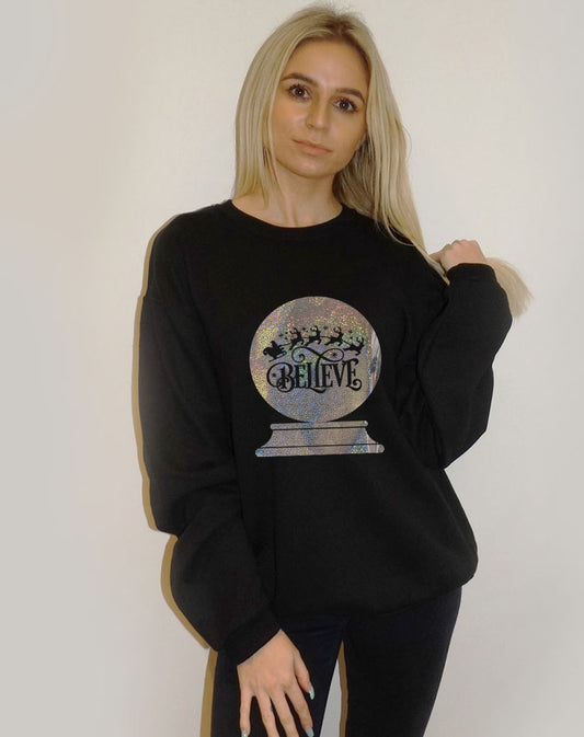 Believe Snow Globe Christmas Print Jumper In Black