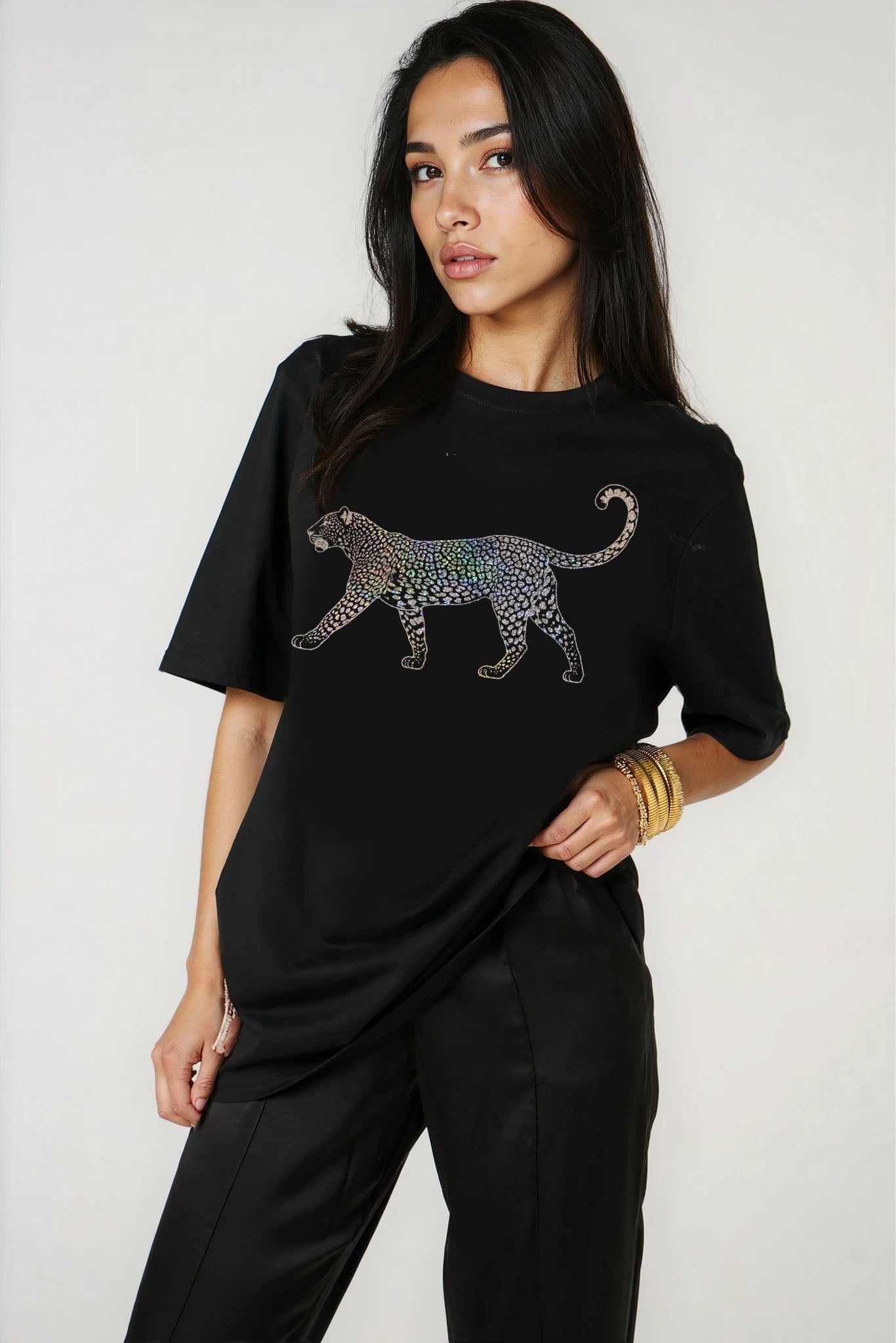 Midnight Prowl Gold Leopard Tshirt in Black