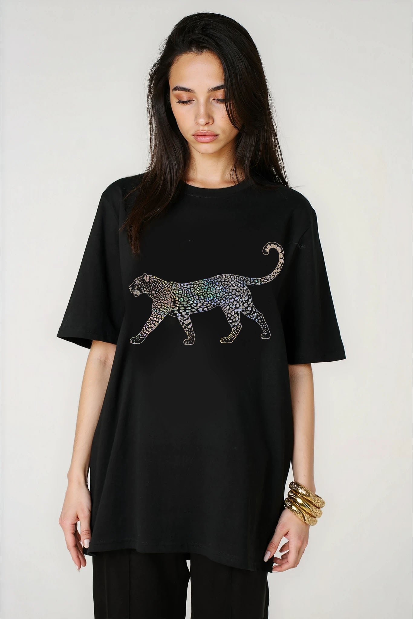 Midnight Prowl Gold Leopard Tshirt in Black