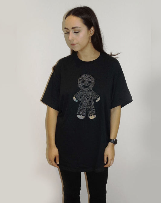 Black Christmas Tshirt With Gingerbread Man Festive Font Print