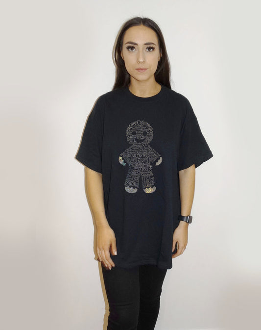 Black Christmas Tshirt With Gingerbread Man Festive Font Print