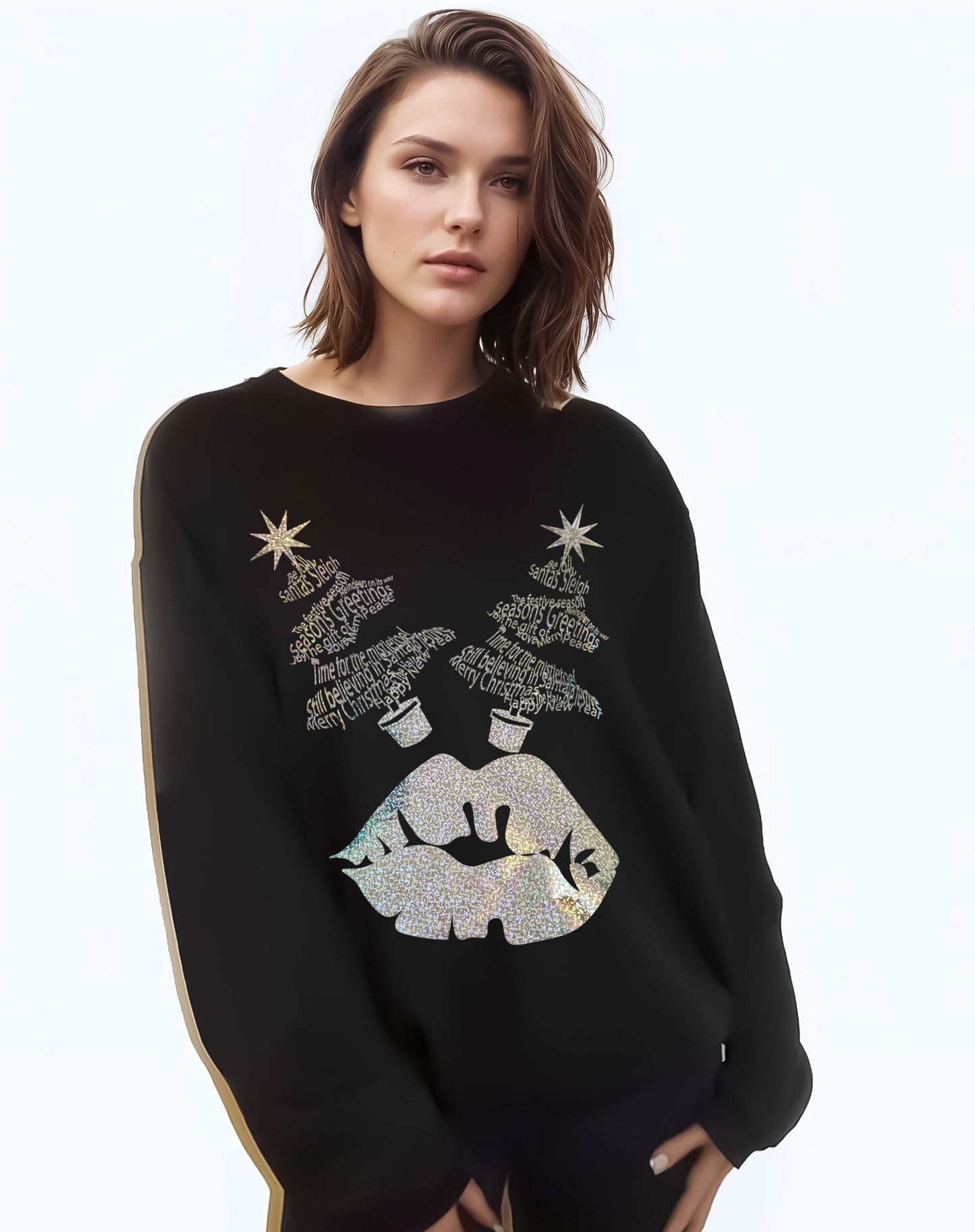 Black Sweater With Holographic Christmas Tree Festive Font Lip Print