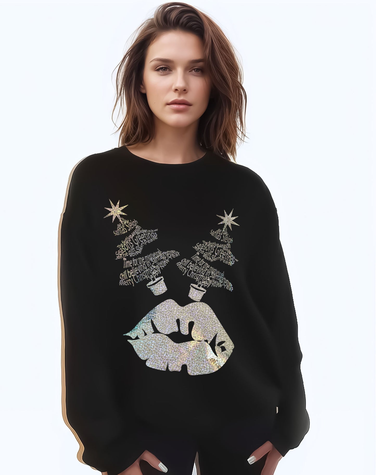 Black Sweater With Holographic Christmas Tree Festive Font Lip Print