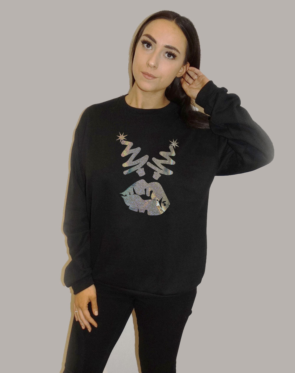 Black Sweater With Festive Christmas Tree Font Lip Print