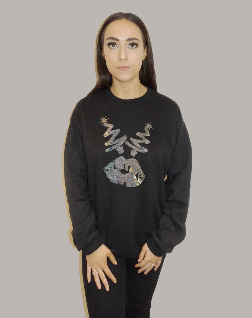 Black Sweater With Festive Christmas Tree Font Lip Print