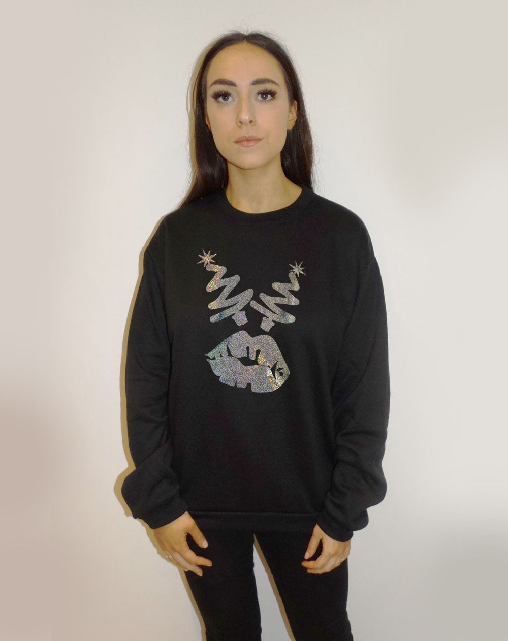 Black Sweater With Festive Christmas Tree Font Lip Print