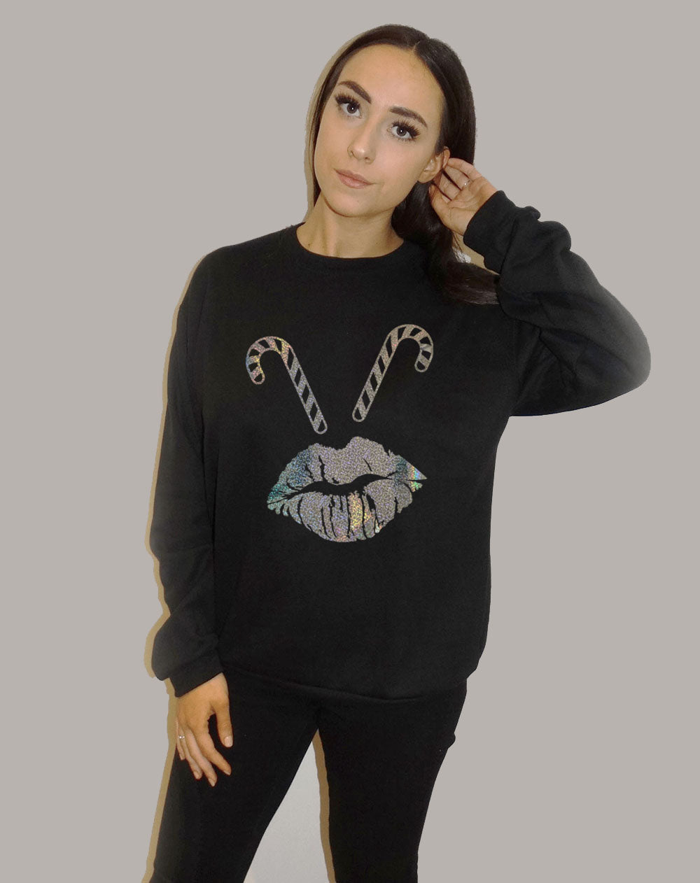 Black Christmas Jumper With Sparkle Candy Cane Lip Print