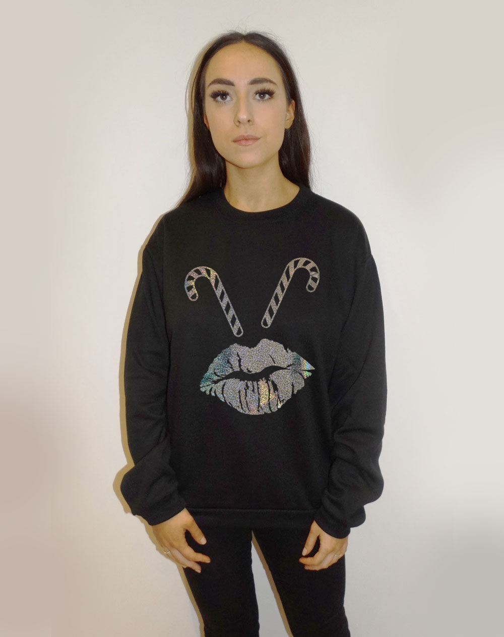 Black Christmas Jumper With Sparkle Candy Cane Lip Print