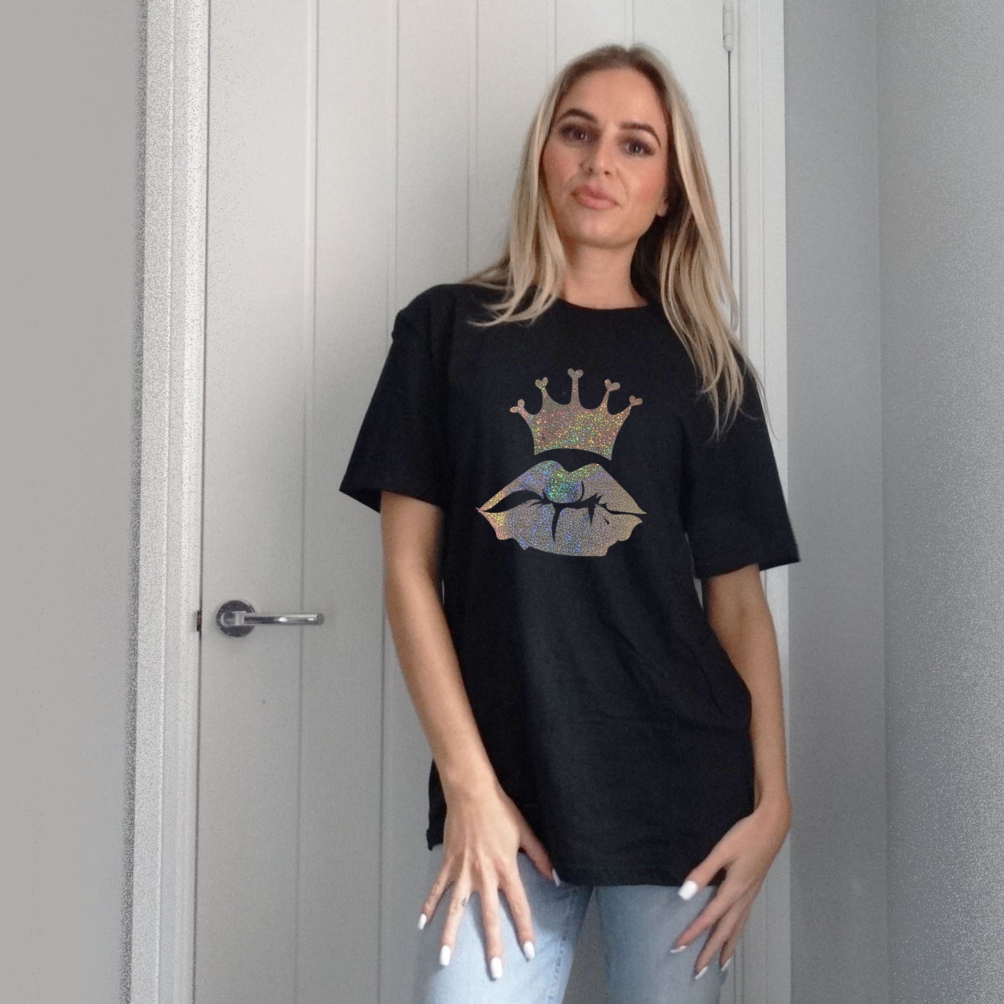 Black T-shirt With Gold Iridescent Royal Lip Print