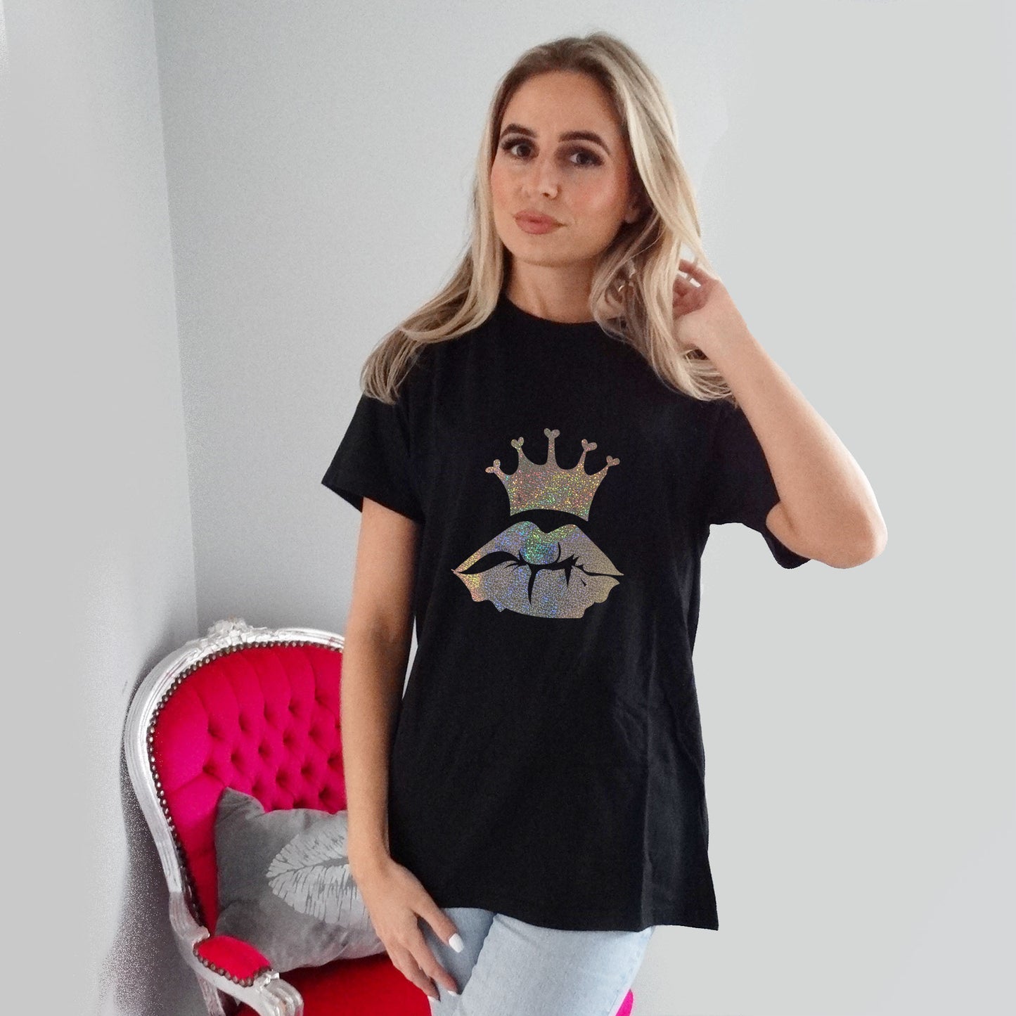 Black T-shirt With Gold Iridescent Royal Lip Print