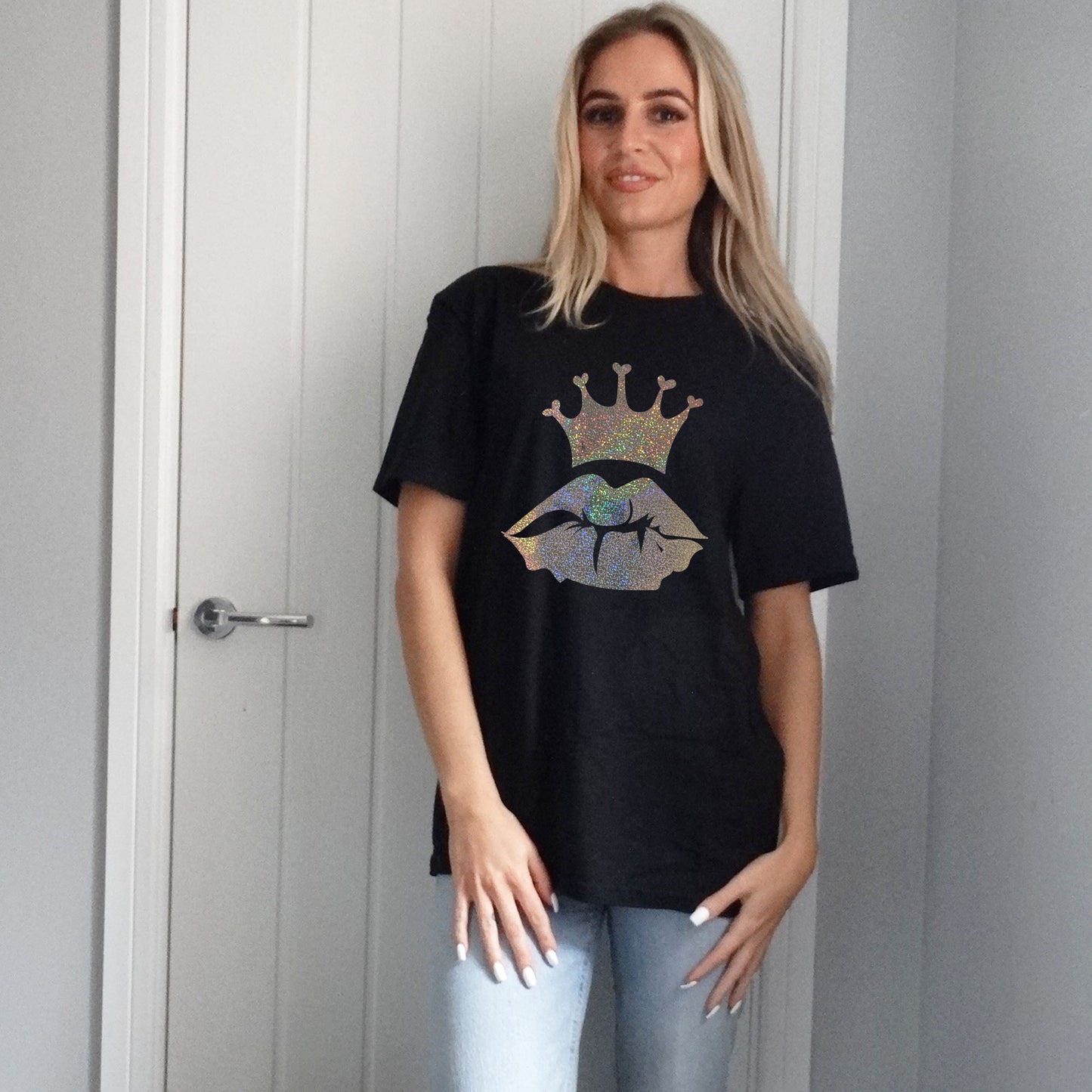 Black T-shirt With Gold Iridescent Royal Lip Print