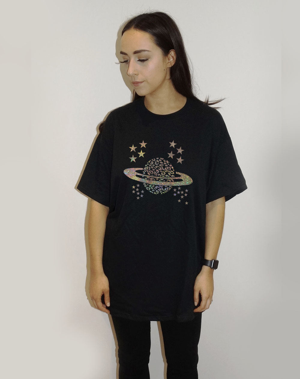 Black Tee With Silver Celestial Glitter Print