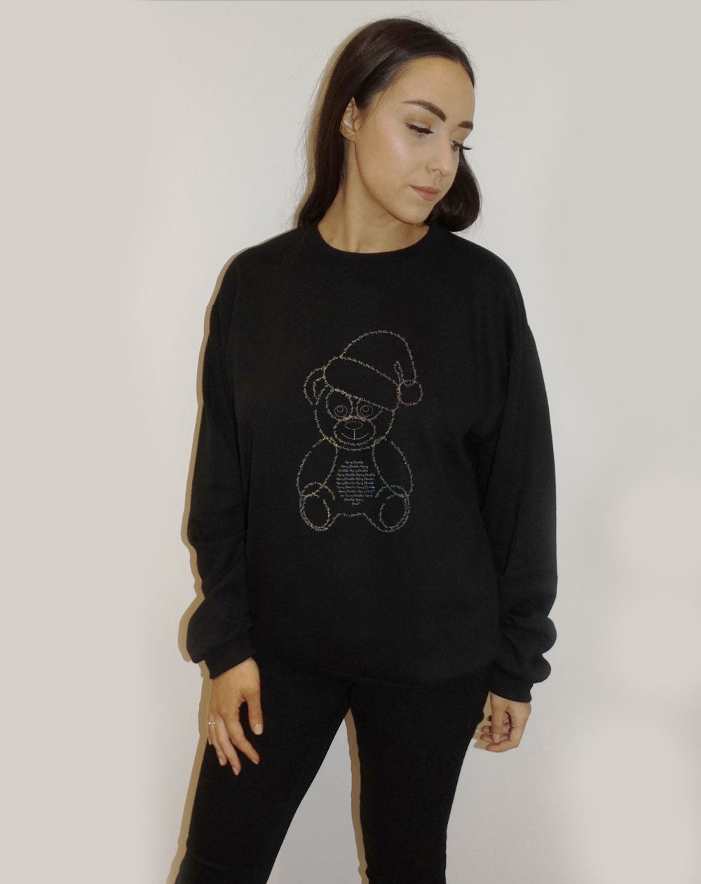 Black Christmas Jumper With  Festive Font Teddy Claus