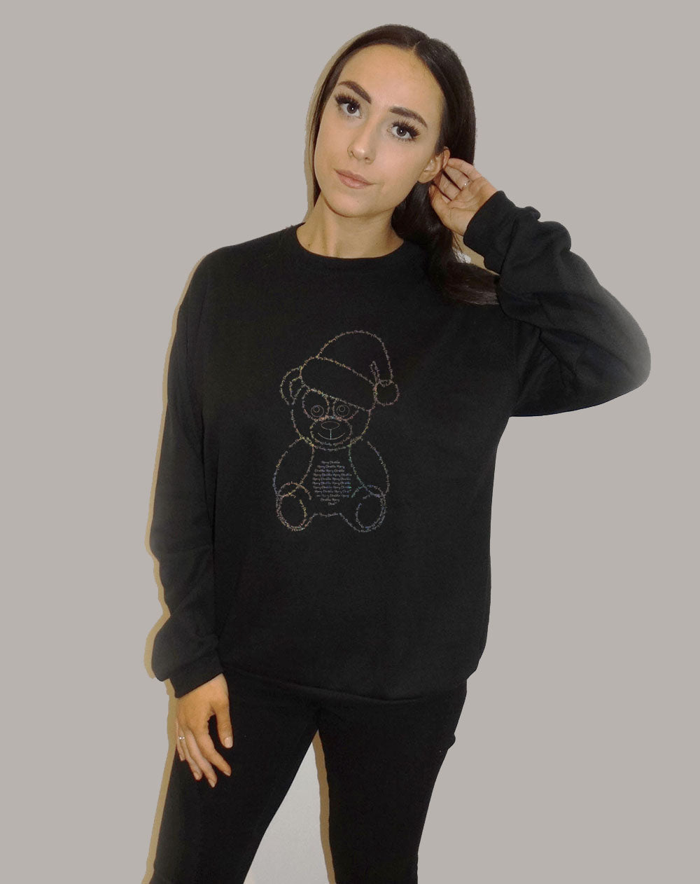 Black Christmas Jumper With  Festive Font Teddy Claus