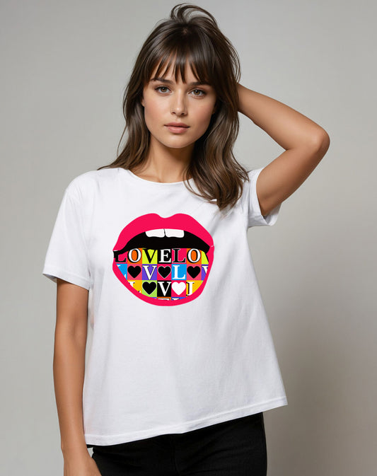 Love Print Lip Graphic T Shirt In White