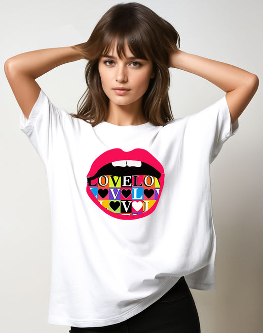 Love Print Lip Graphic T Shirt In White