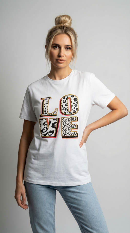 Love In Monochrome Leopard Graphic Tshirt White
