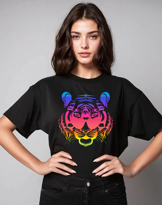 Rainbow Roaring with Vision Tiger Print Black Tshirt