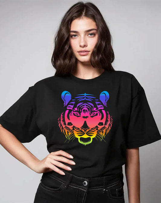 Rainbow Roaring with Vision Tiger Print Black Tshirt