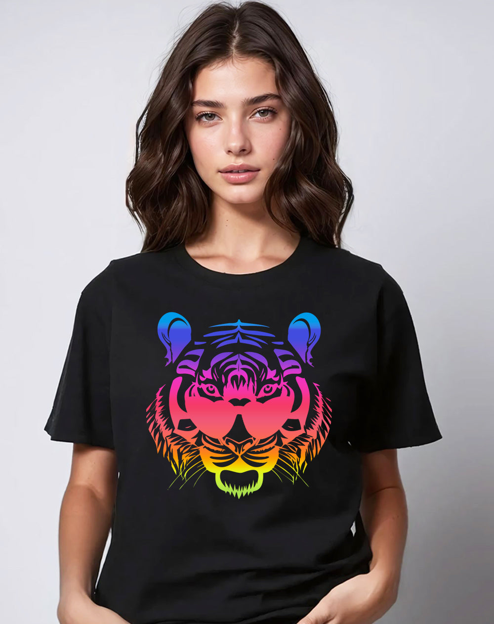 Rainbow Roaring with Vision Tiger Print Black Tshirt