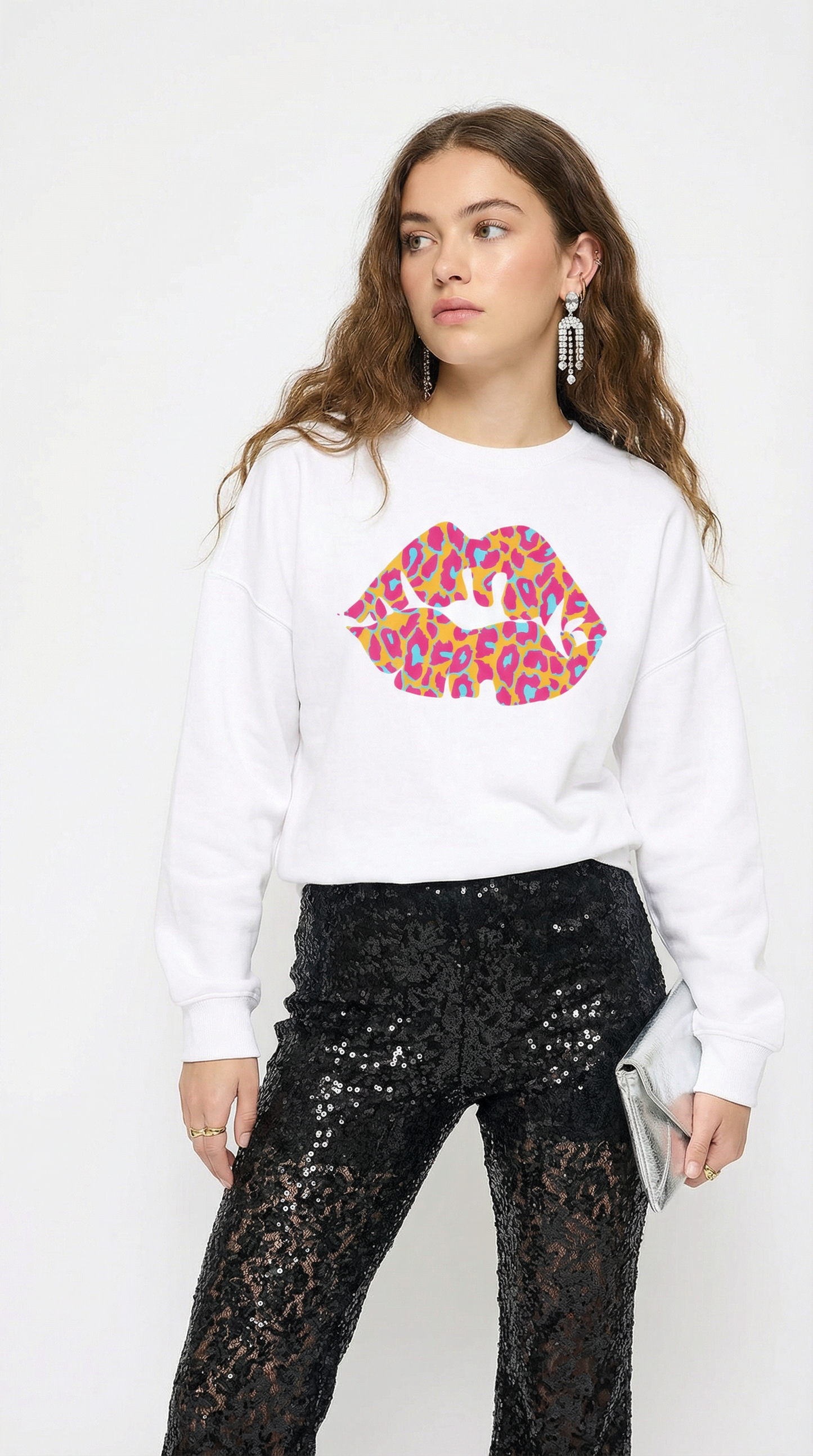 White Oversize Sweatshirt With Orange And Blue Leopard Lip Print