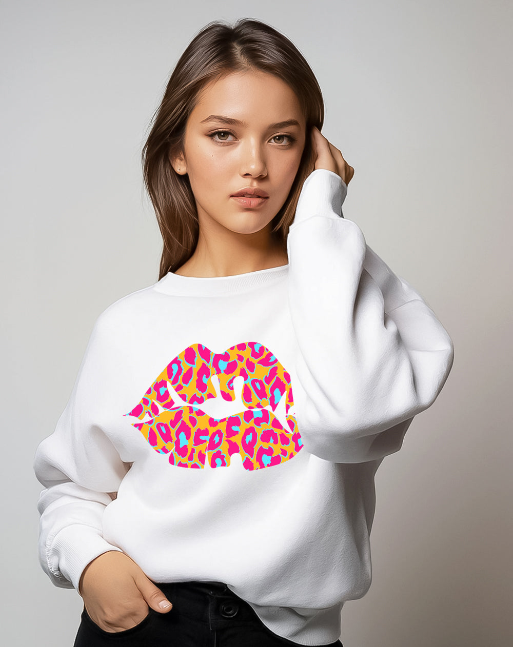 White Oversize Sweatshirt With Orange And Blue Leopard Lip Print