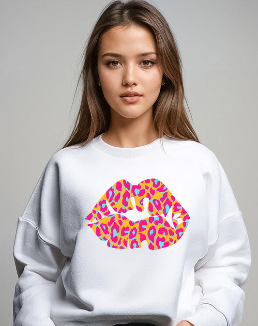 White Oversize Sweatshirt With Orange And Blue Leopard Lip Print