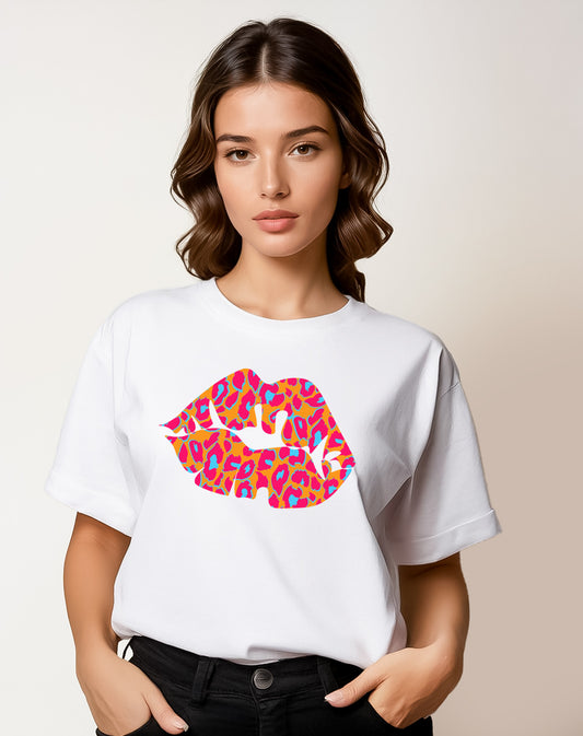 White Oversize T Shirt With Orange And Blue Leopard Lip Print