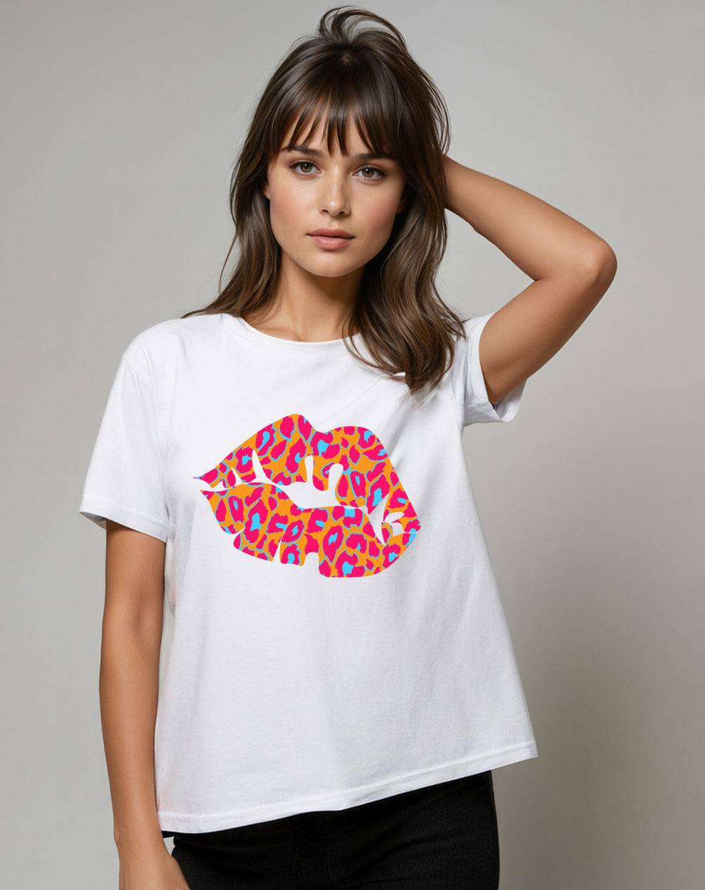 White Oversize T Shirt With Orange And Blue Leopard Lip Print