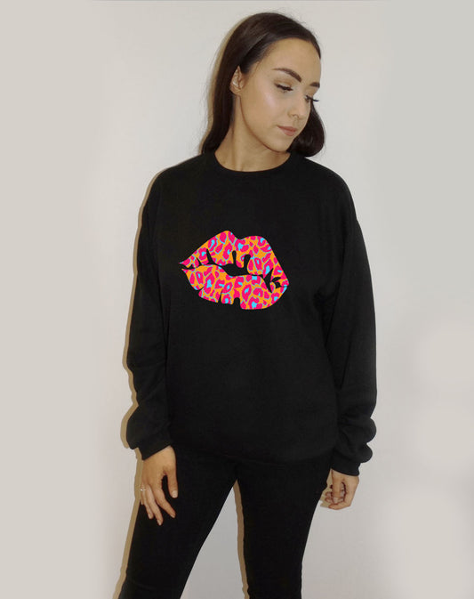 Black Oversize Sweatshirt With Orange and Blue Leopard Lip Print