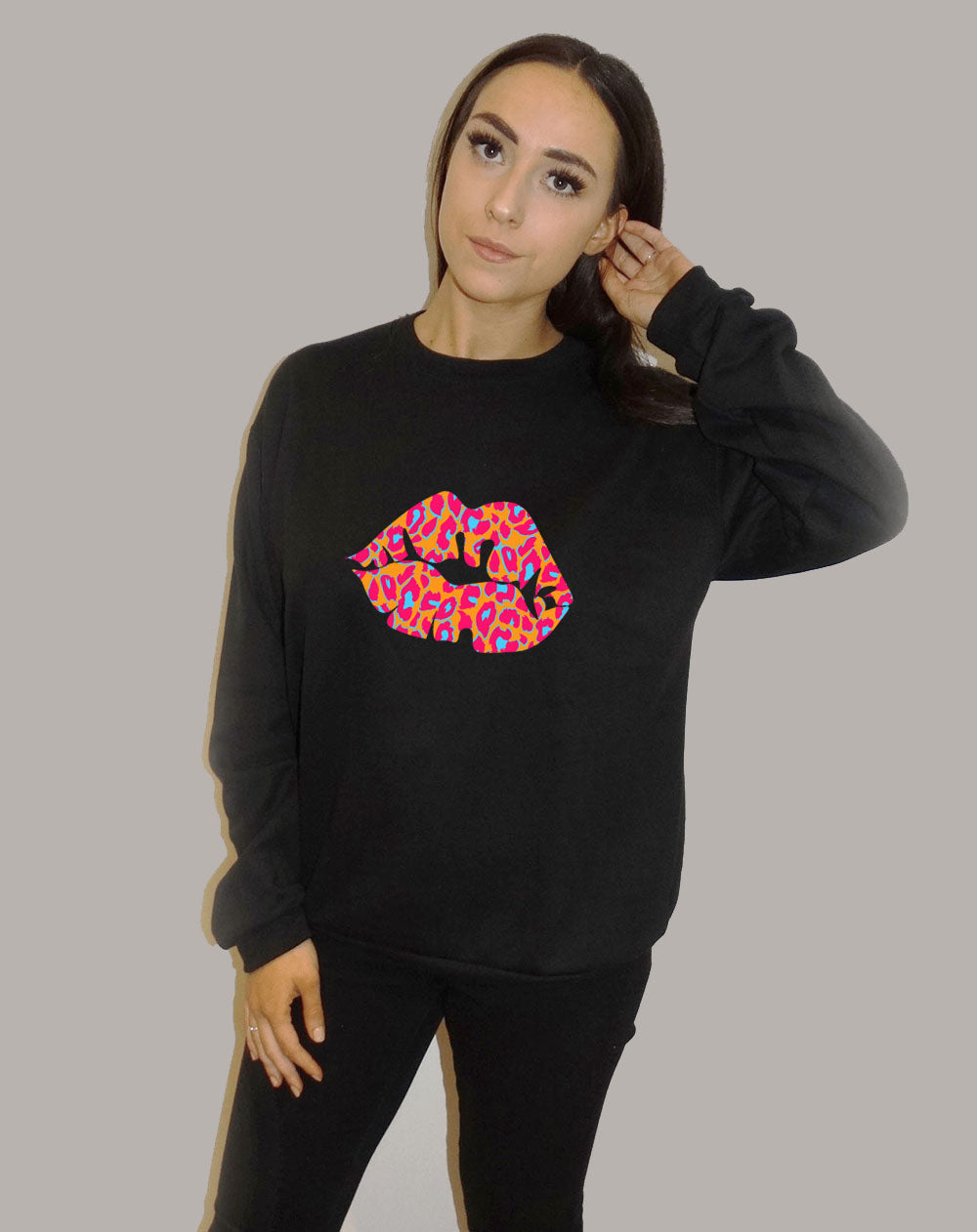 Black Oversize Sweatshirt With Orange and Blue Leopard Lip Print