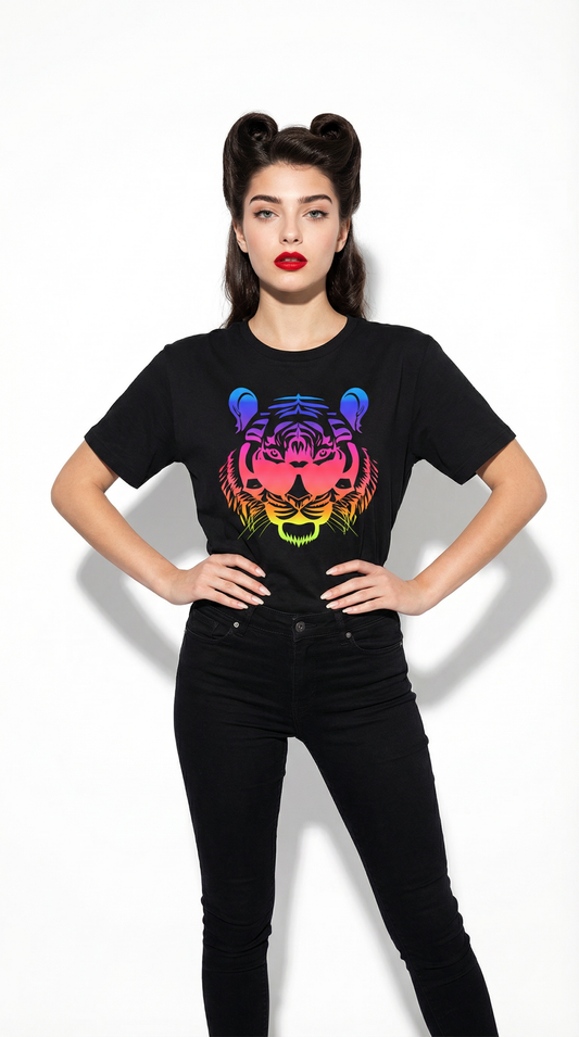 Rainbow Roaring with Vision Tiger Print Black Tshirt