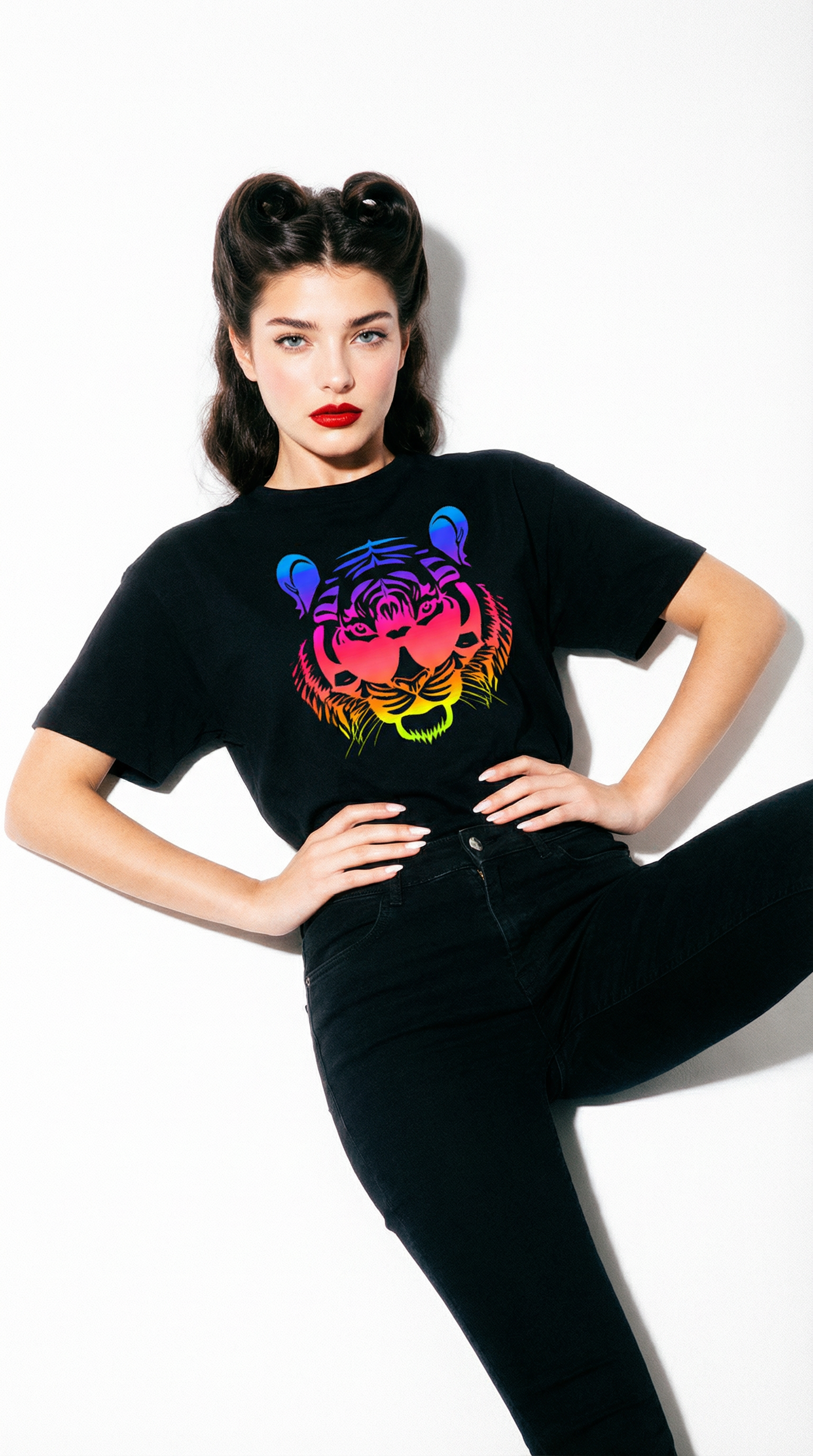 Rainbow Roaring with Vision Tiger Print Black Tshirt