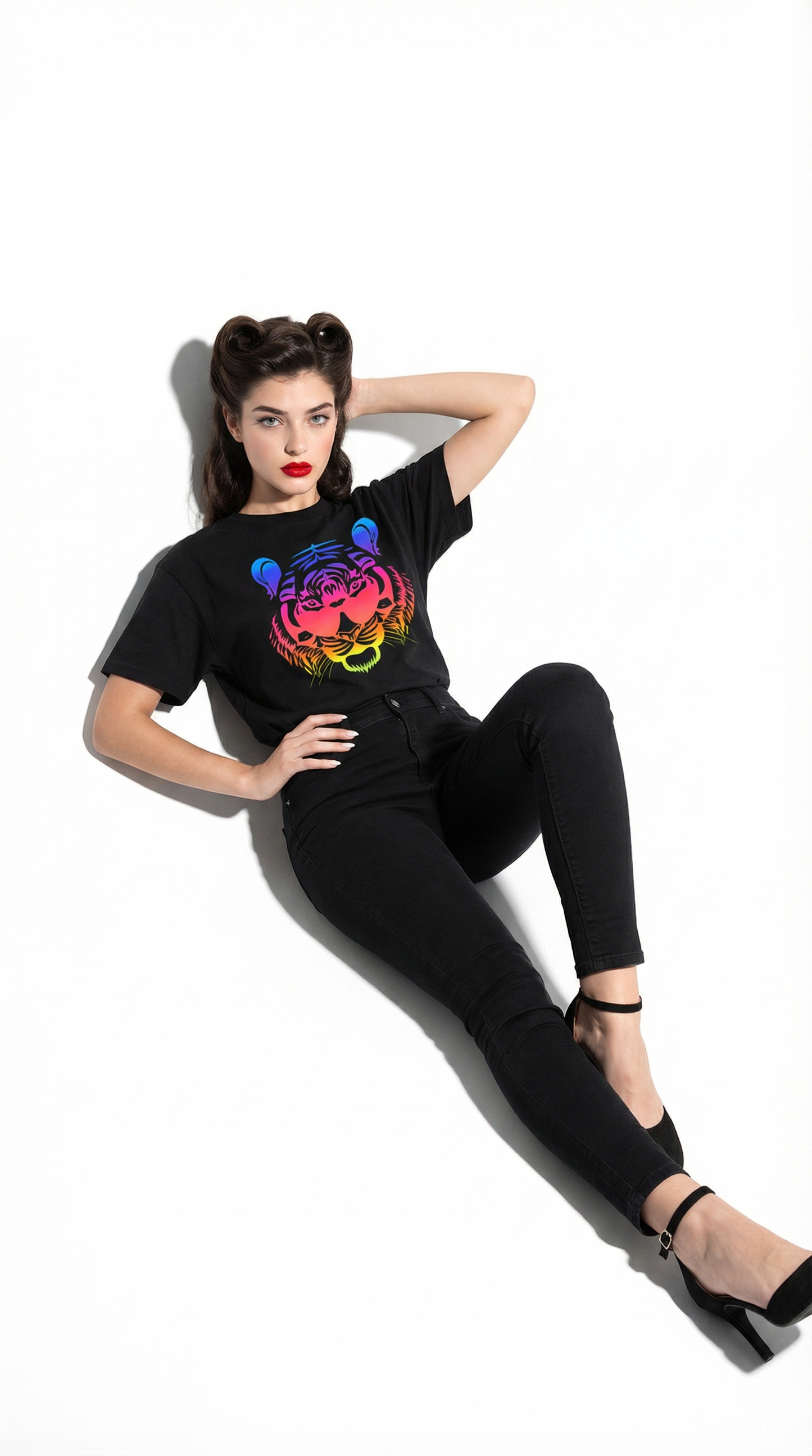 Rainbow Roaring with Vision Tiger Print Black Tshirt