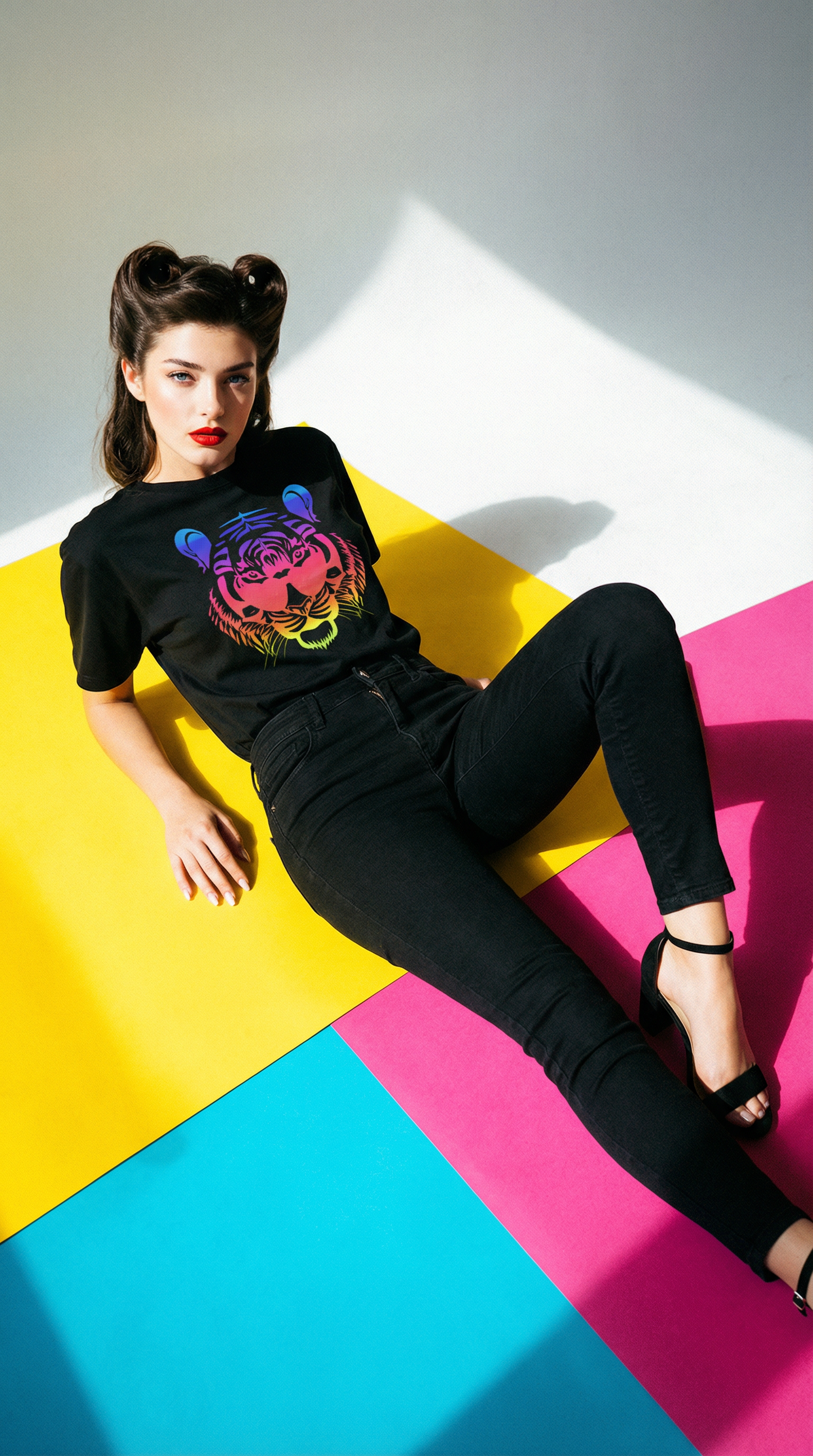 Rainbow Roaring with Vision Tiger Print Black Tshirt