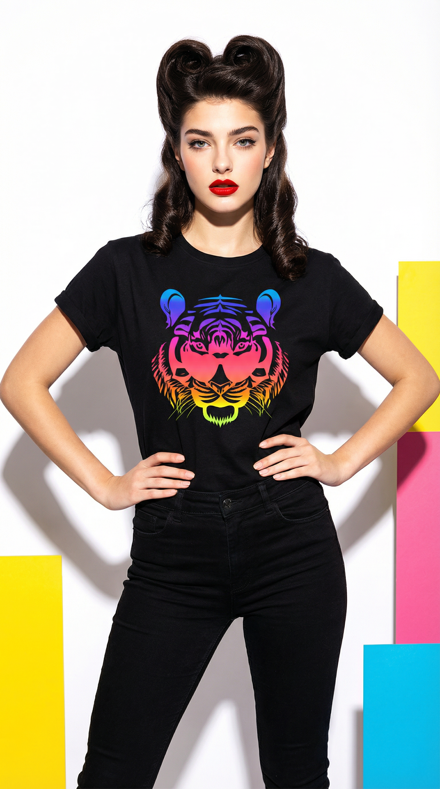 Rainbow Roaring with Vision Tiger Print Black Tshirt