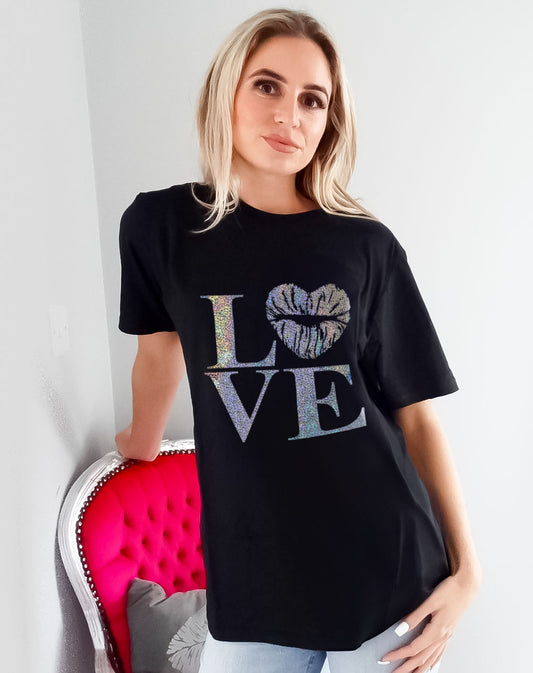 Heart of Love Foil Glitter Graphic Text Black Tshirt