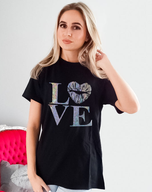 Heart of Love Foil Glitter Graphic Text Black Tshirt