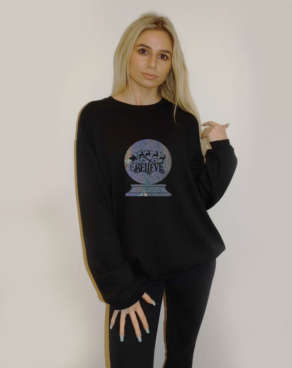 Believe Snow Globe Christmas Print Jumper In Black