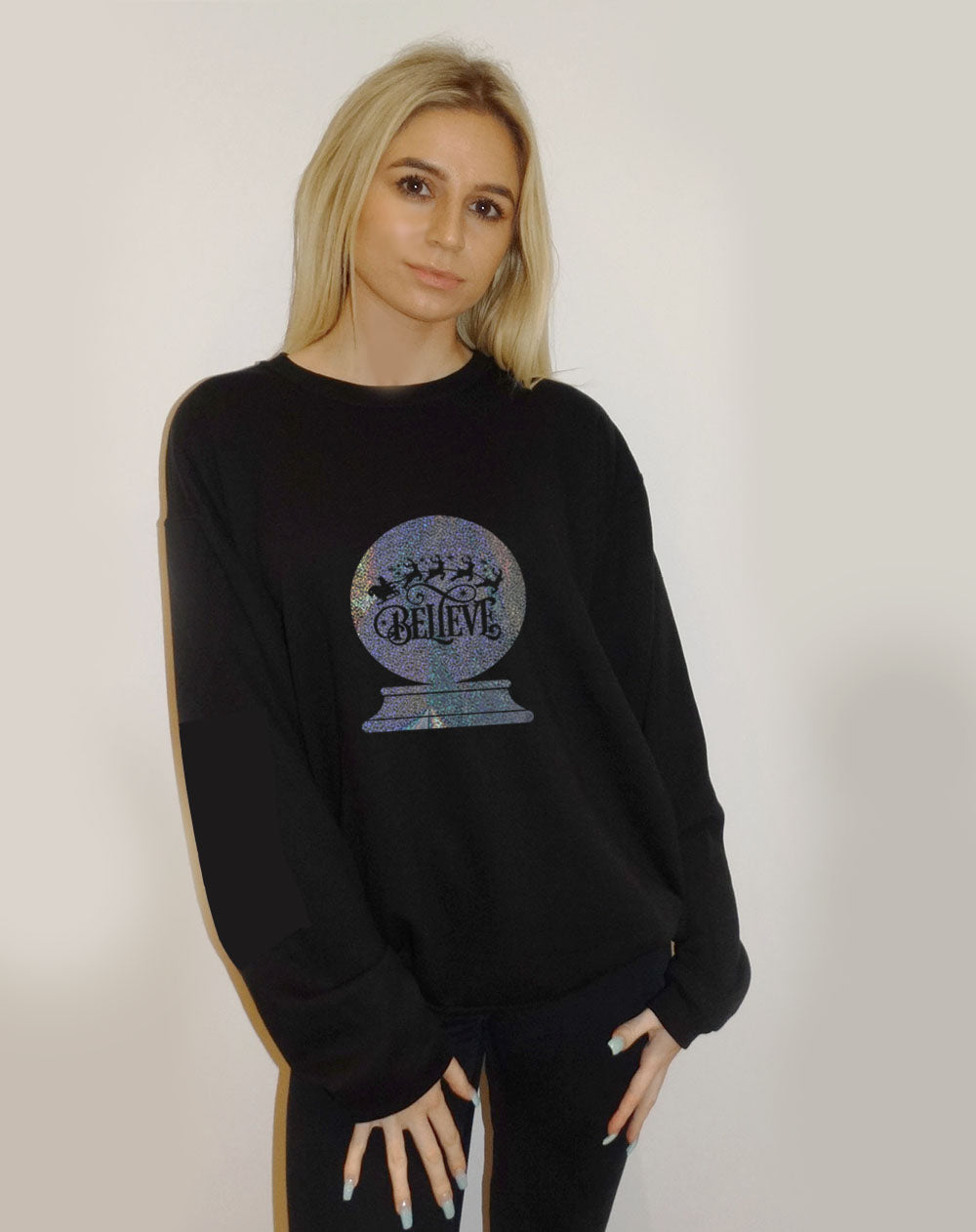 Believe Snow Globe Christmas Print Jumper In Black