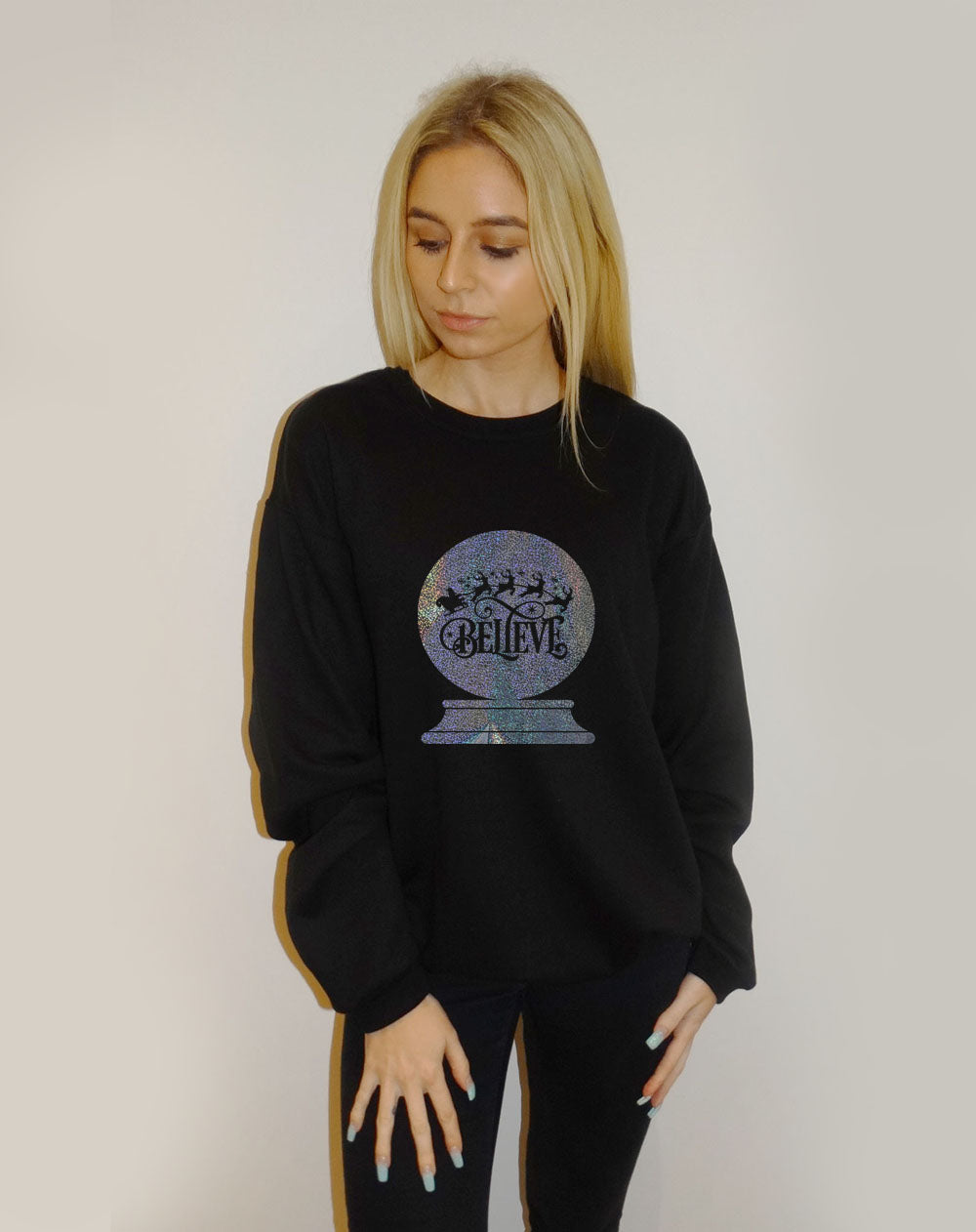 Believe Snow Globe Christmas Print Jumper In Black